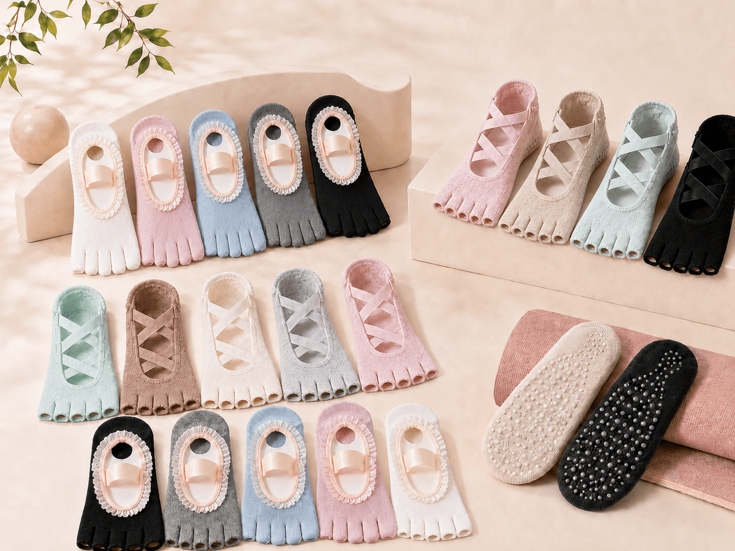 Yoga and Pilates sock collection with five-toe, strap and grip styles